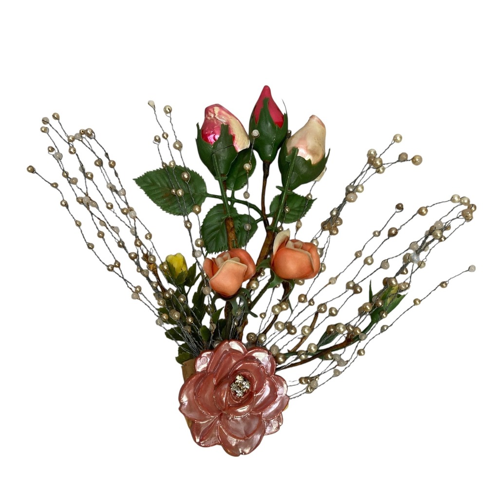 VTG Floral Arrangement Roses Pearl‎ Beads Decorative Bouquet Display Handcrafted